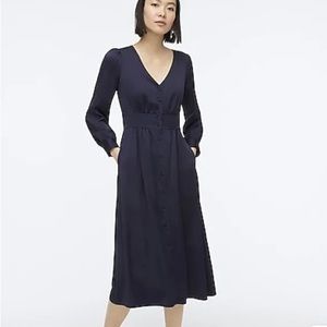 J CREW navy, long sleeved, button front (sz 6) A-line midi